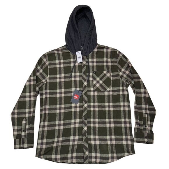 Quiksilver Mens Flannel Hoodie Button Down Plaid Shirt Army Green Size Large New - Picture 1 of 2